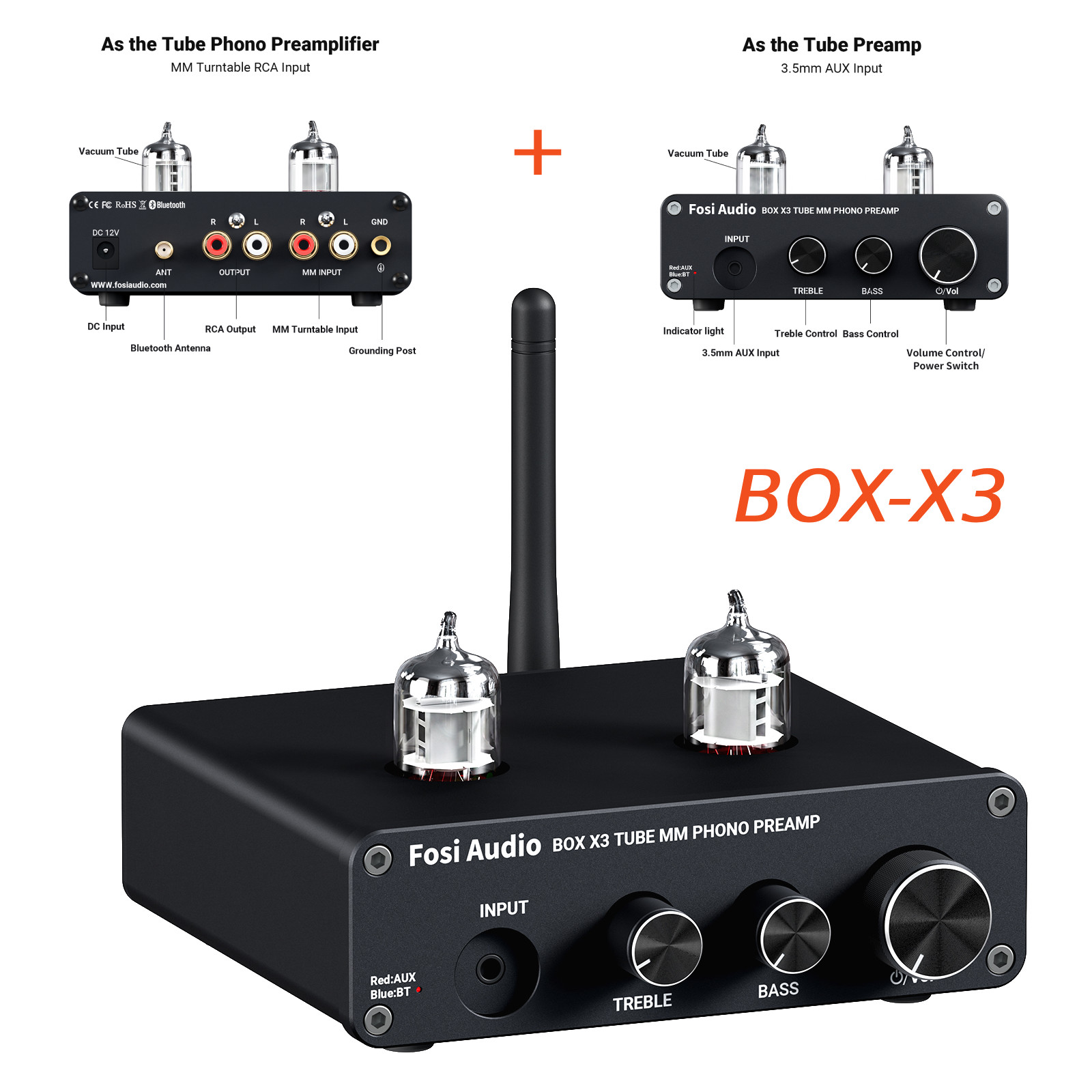 Fosi Audio BOX X3 Tube Phono Preamp Bluetooth 5.0 MM Turntable Preamplifier AUX