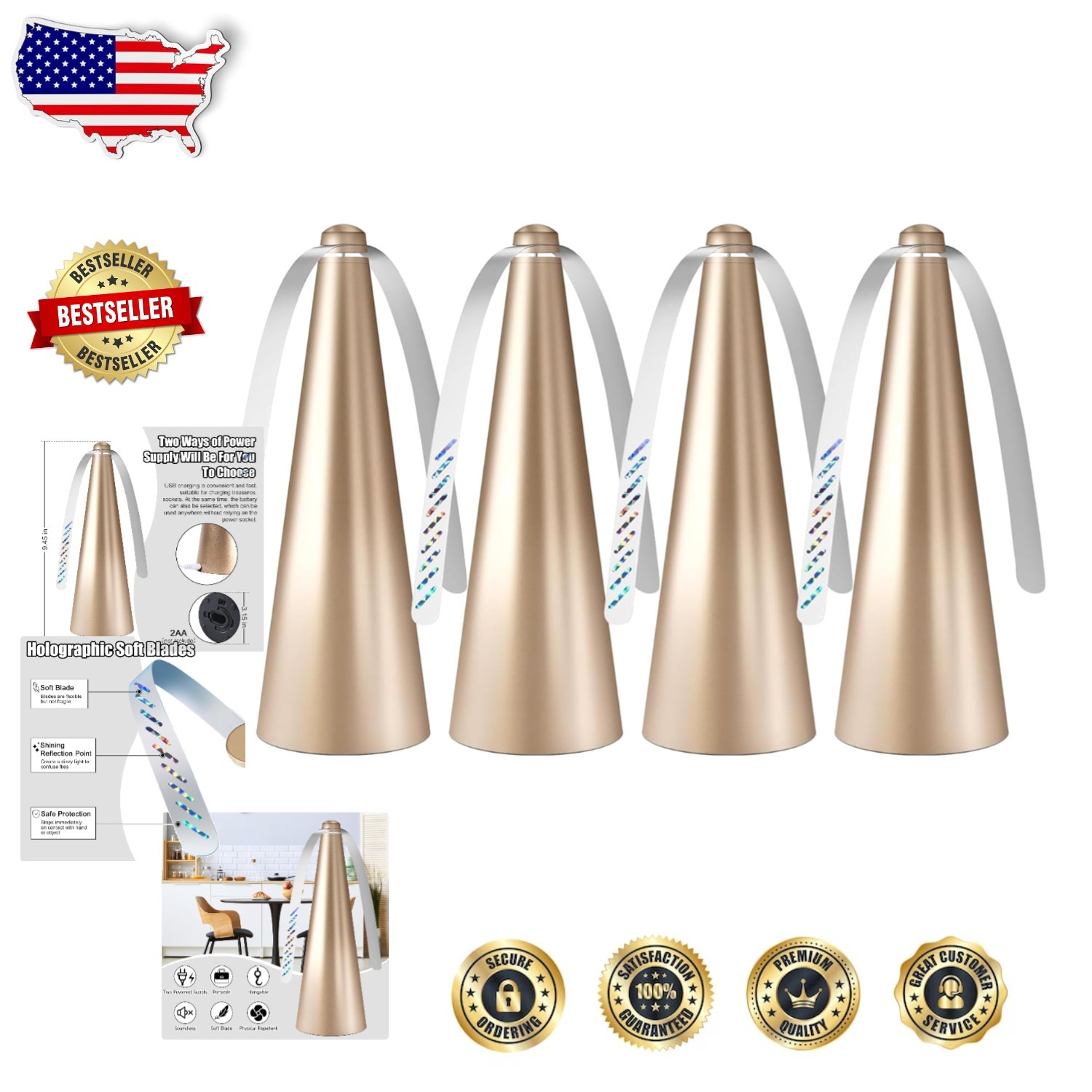 Fly Fan 4-Pack Golden - Outdoor/Indoor Bug Repellent, Safe Soft Blades