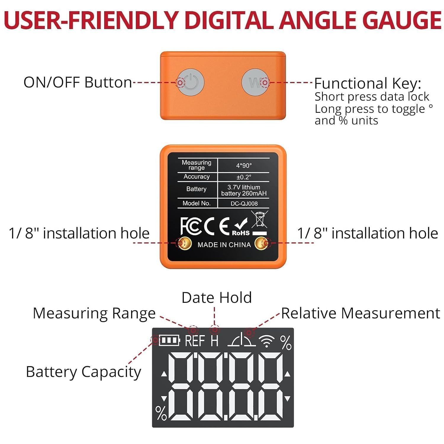 Digital Angle Finder Magnetic, IP54 Waterproof Dustproof Gauge Orange |
