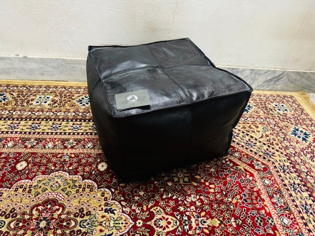 20 Inch Black Leather Pouf Ottoman – Authentic Moroccan Boho Footstool