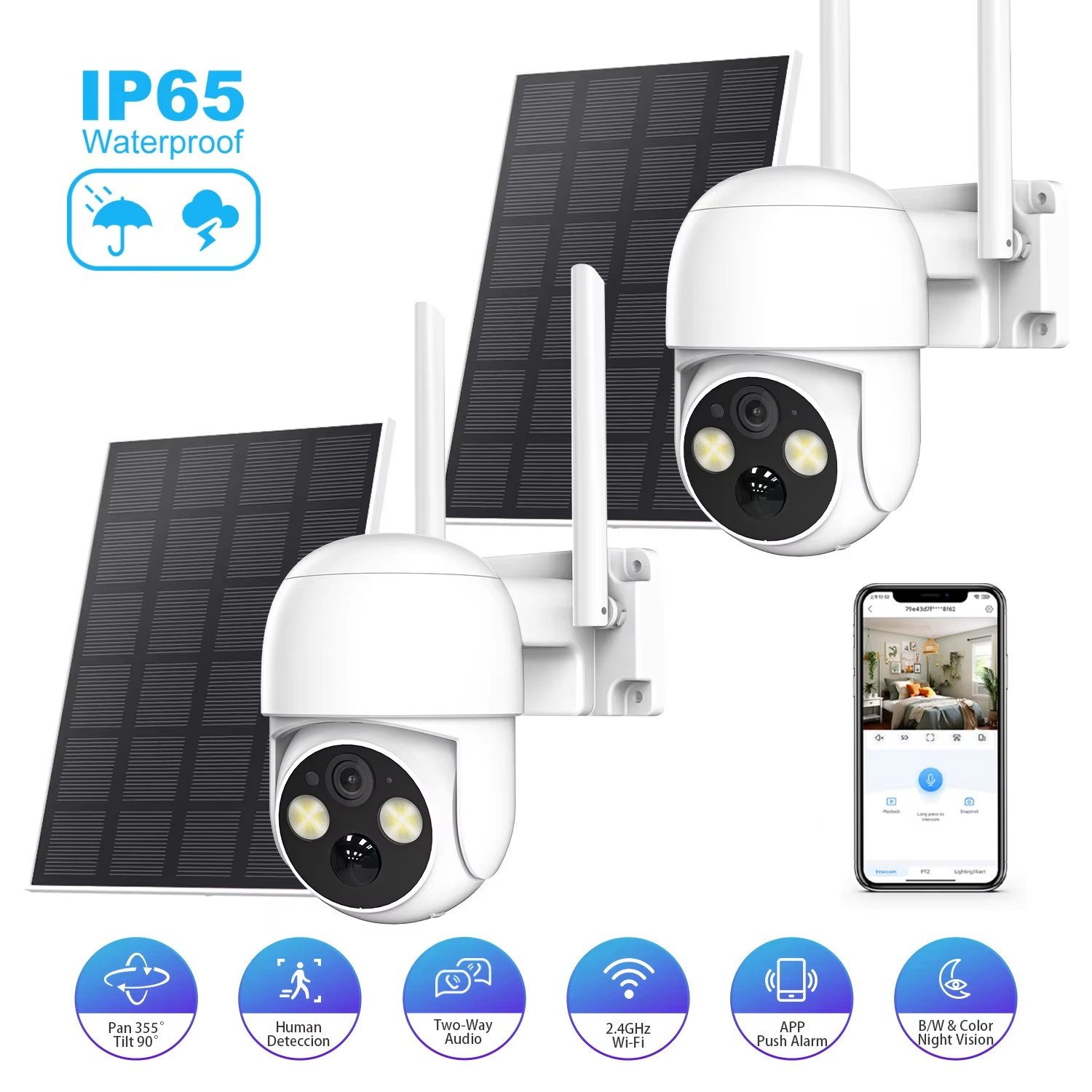 Solar Battery Powered Wireless WiFi Outdoor Pan/Tilt Home Security Camera System