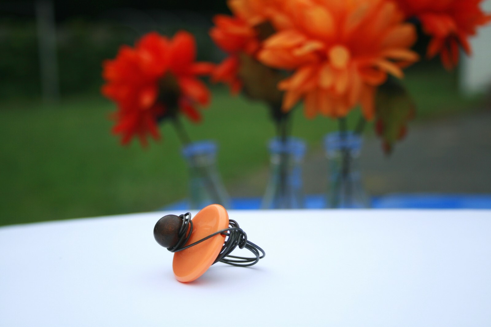 Large Wire Wrapped Statement Ring, Orange Disc with Ball Charm, Size 8, NEW