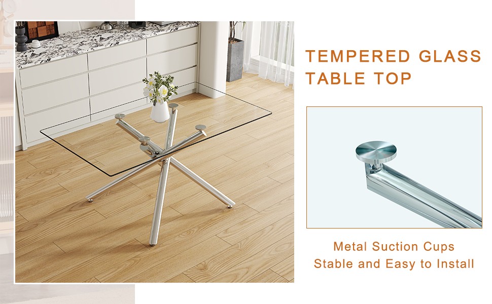 Large Modern Minimalist Rectangular Glass Dining Table with 0.39" Tempered Gla