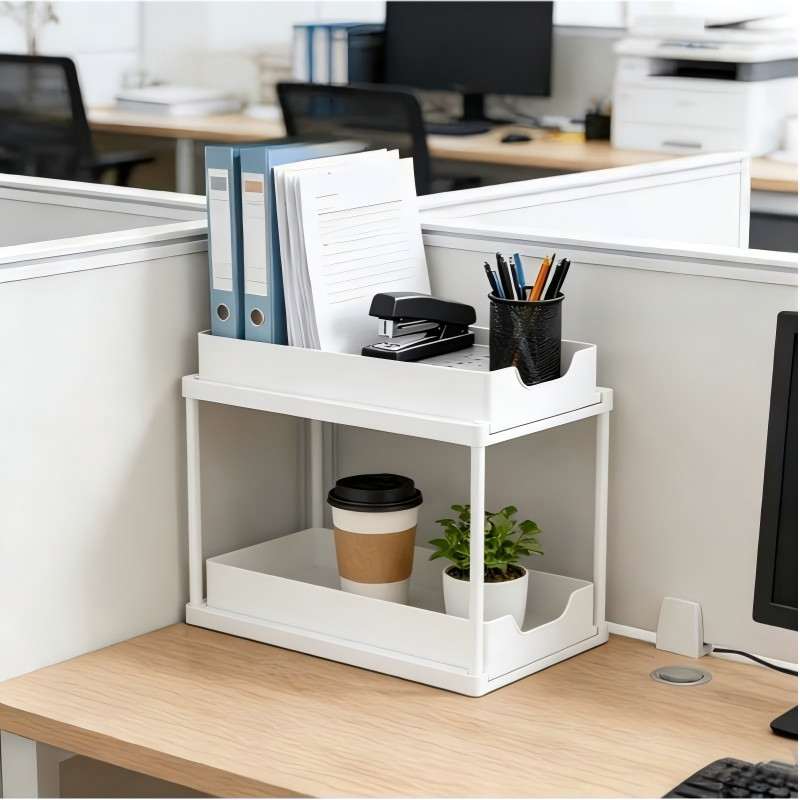 2Pcs White 2-Tier Pull Out Storage Shelf Kitchen Bathroom Counter Organizer