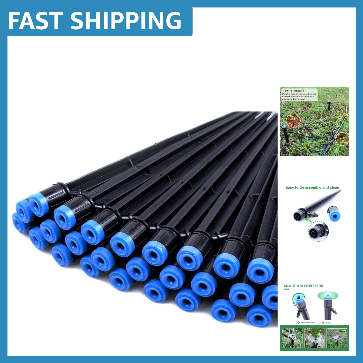 50PCS Adjustable Drip Emitters – 360° Sprayers for Efficient Garden Irrigation