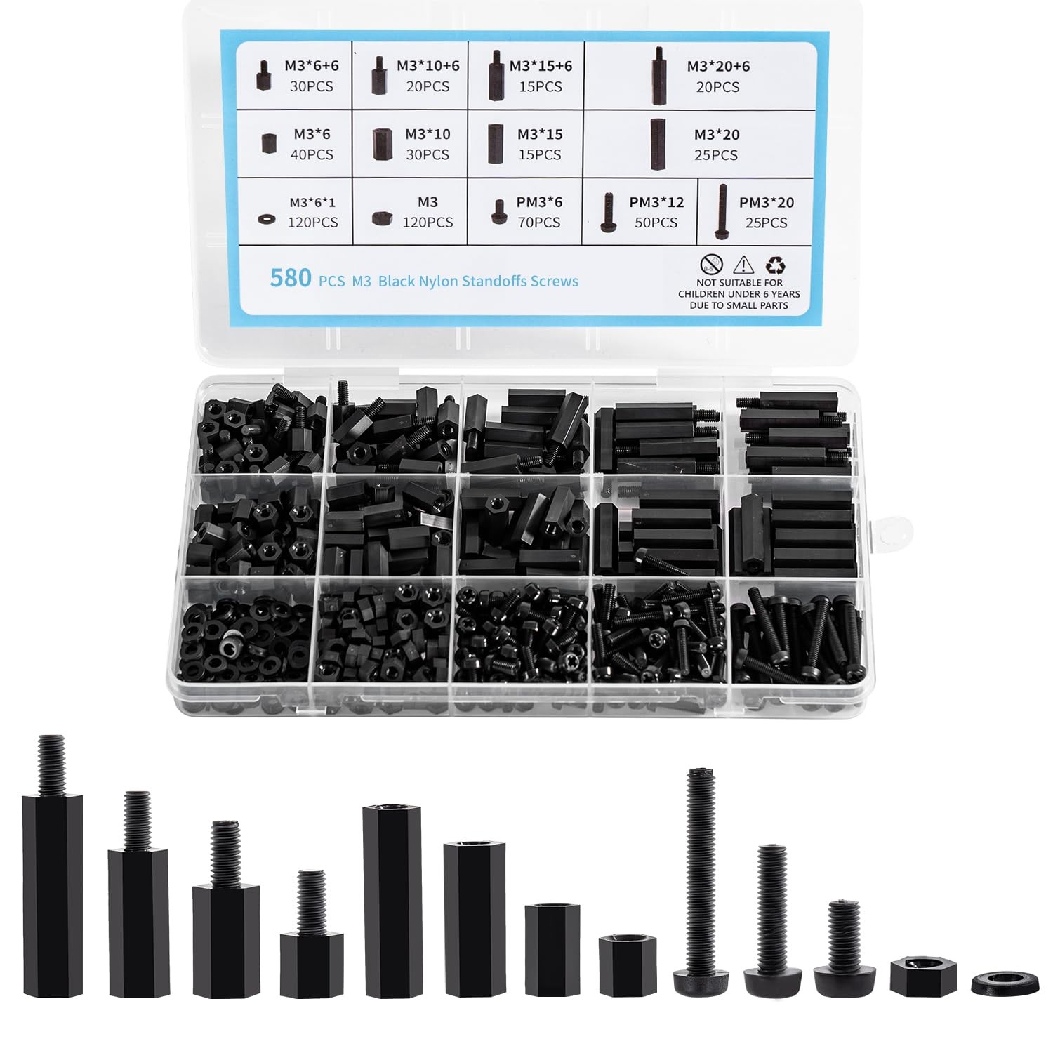 580 PCS M3 Black Nylon Standoff Kit with Spacers, Screws, and Nuts -