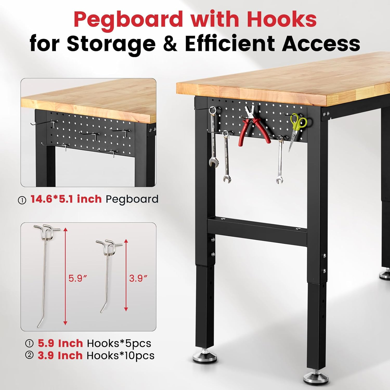 48" X 20" Adjustable Height Workbench Heavy Duty Rubberwood Work Table with Pegb