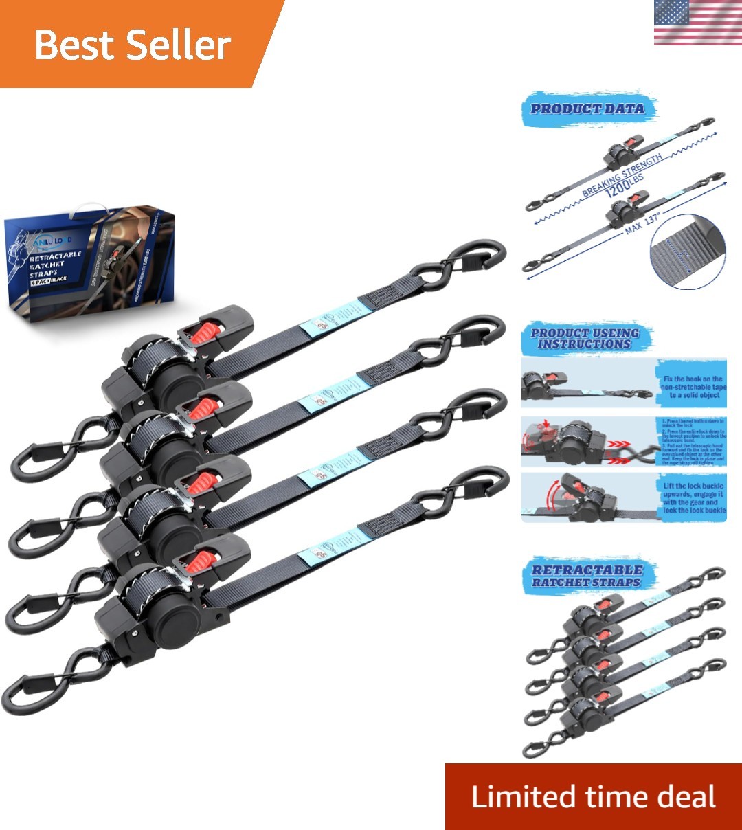 Retractable Ratchet Strap,1 in x 11.48 ft,BS:1,200Lbs,4Packs | Self Retractin...