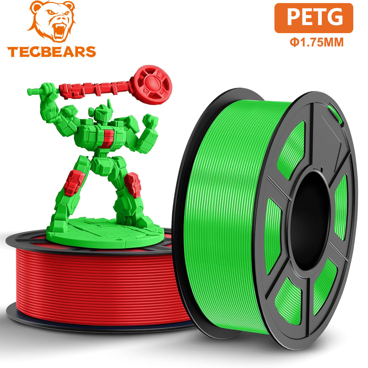 TECBEARS PETG 3D Printer Filament Consumables 1.75mm Low Shrinkage 1KG x 2Rolls