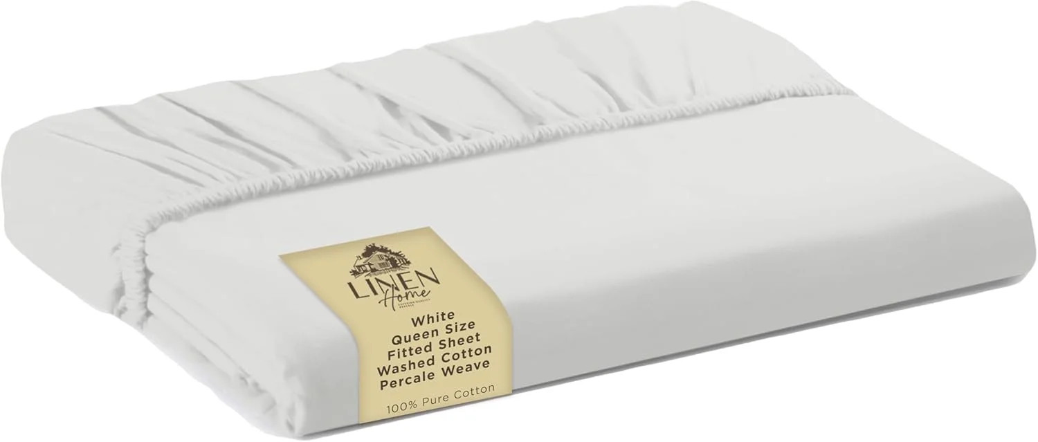 Washed Cotton Percale Fitted Sheet Queen Size White 1 Deep Pocket Fitted Shee...