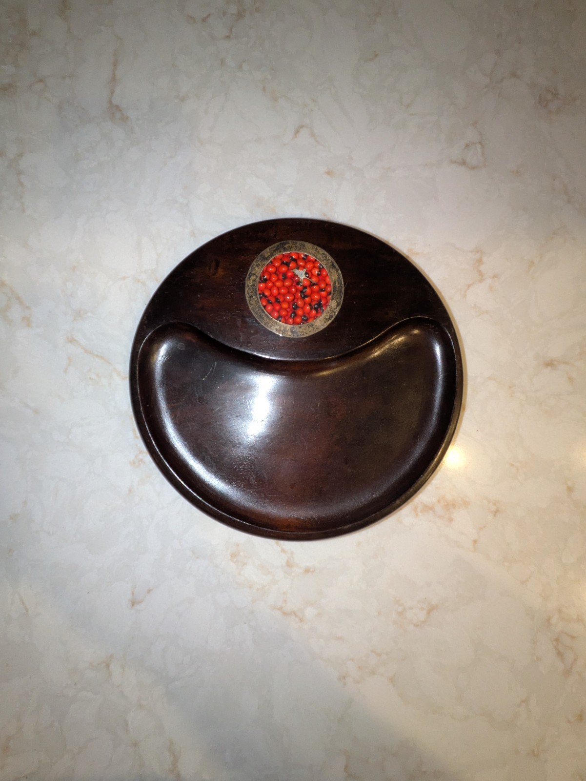 Vintage Peruvian Cumaru Wood Serving Tray with Silver Frame and Huyaruru Seeds