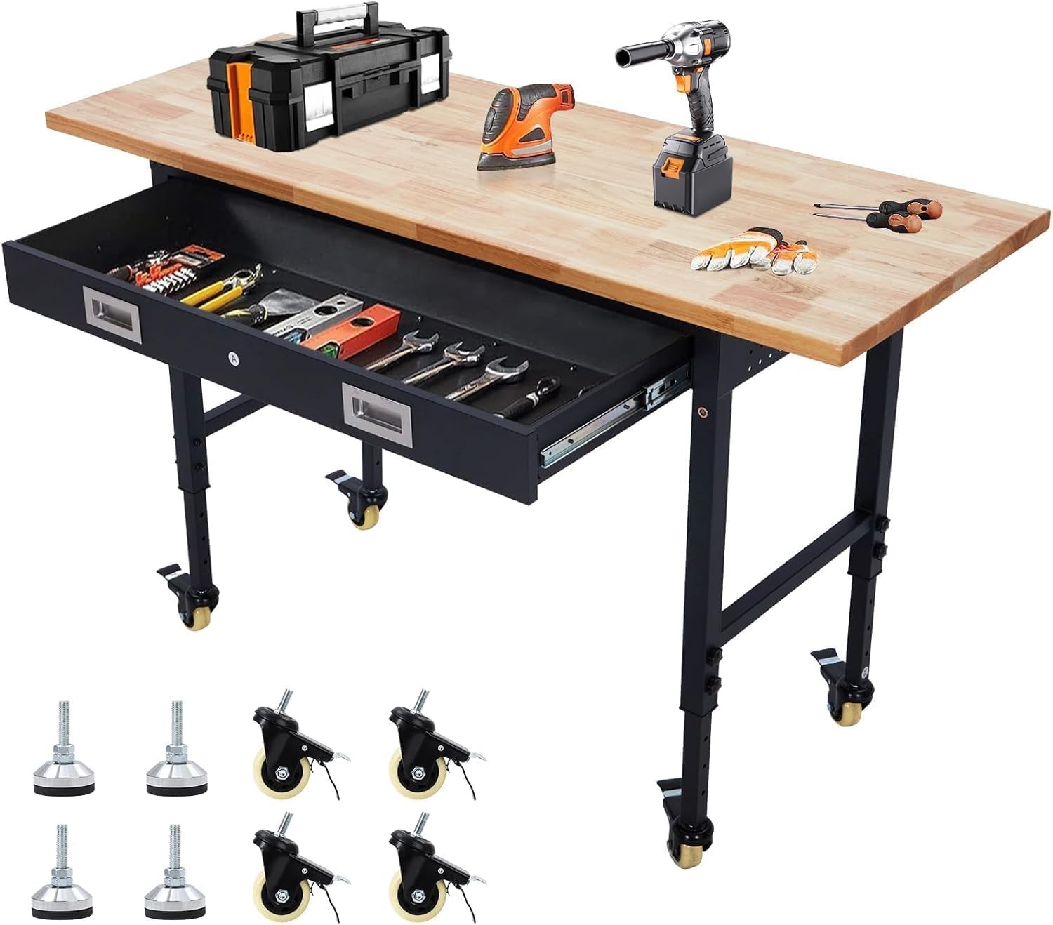 60"x22"Workbench&Drawer,Power Outlet &Lockable Wheels,2000lbs Garage Work Table