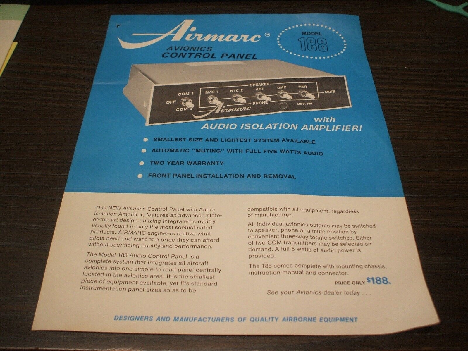UNDATED AIRMARC 188 AVIONICS CONTROL PANEL Bulletin Brochure Ad