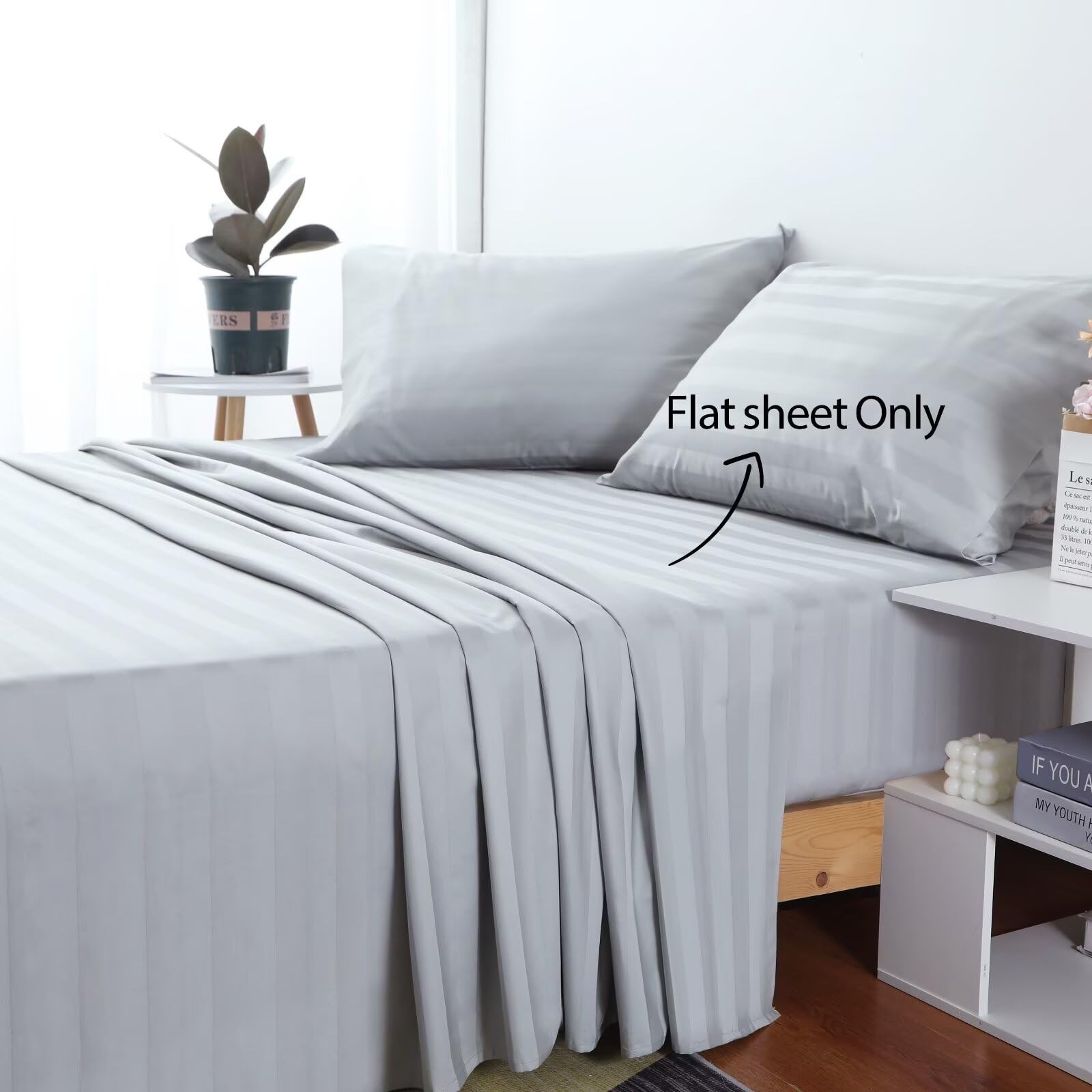 2-Pack Queen Flat Sheet 600 Thread Count 100% Egyptian Cotton Striped-Grey