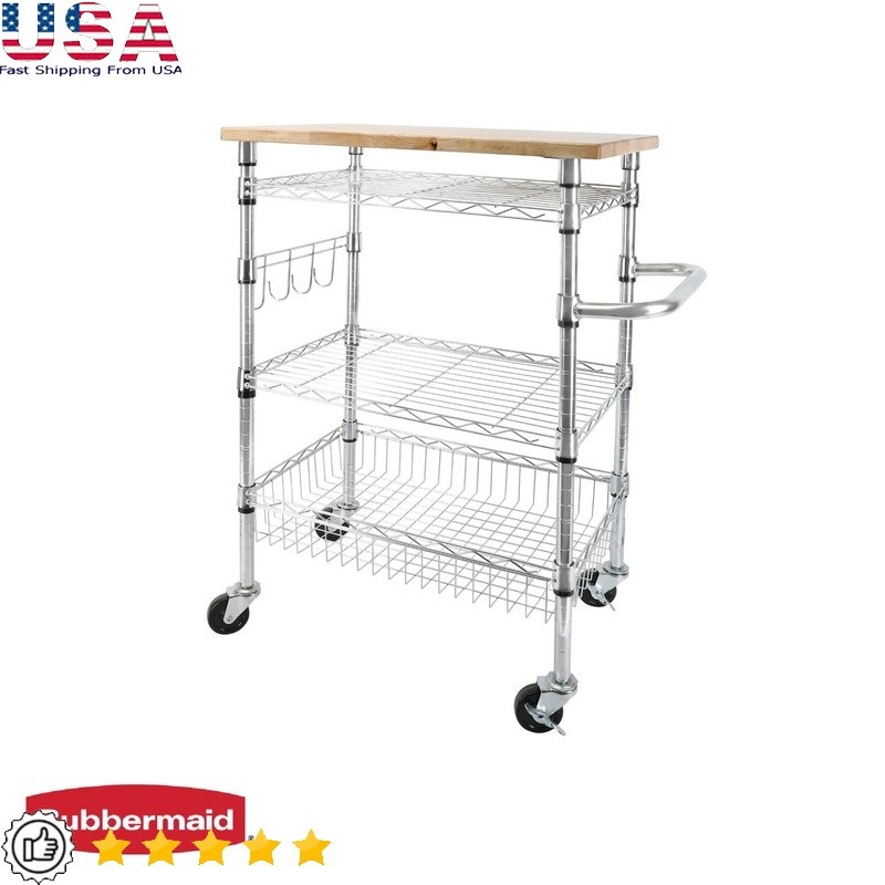 3-Tier Heavy Duty Rolling Utility Cart W/ Wood Top Adjustable Shelves Storage US