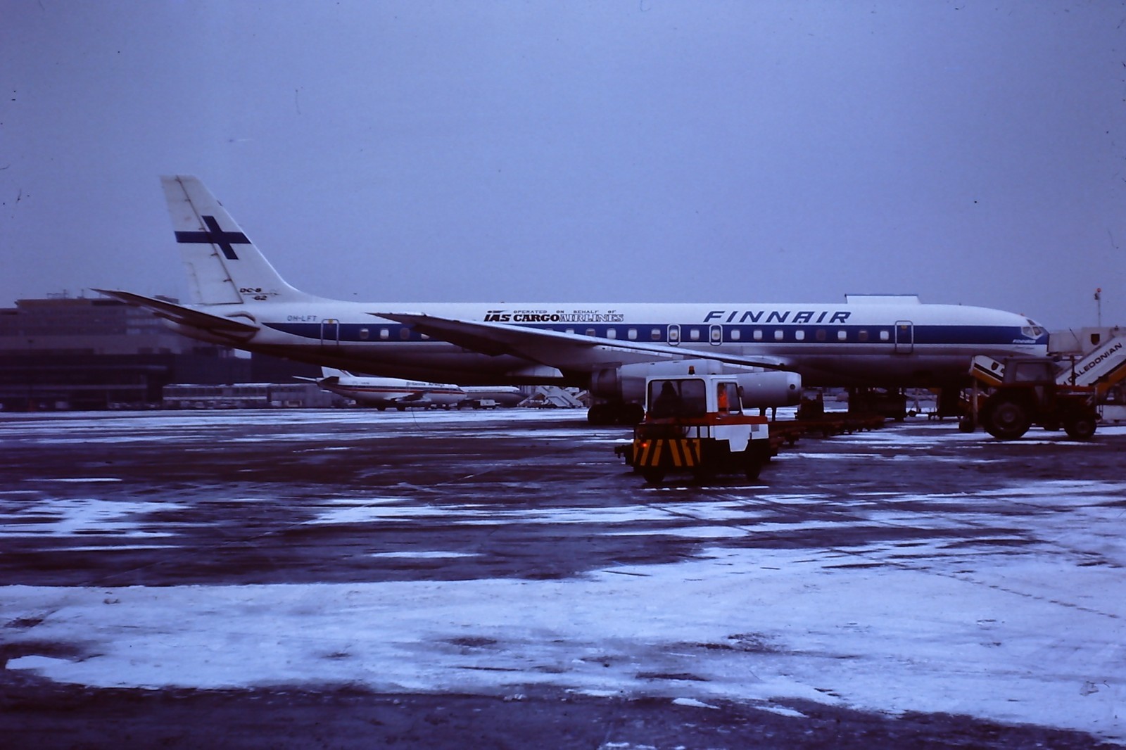 Finnair, Douglas DC-8 OH-LFT, at airport, 1979, Kodachrome aircraft slide