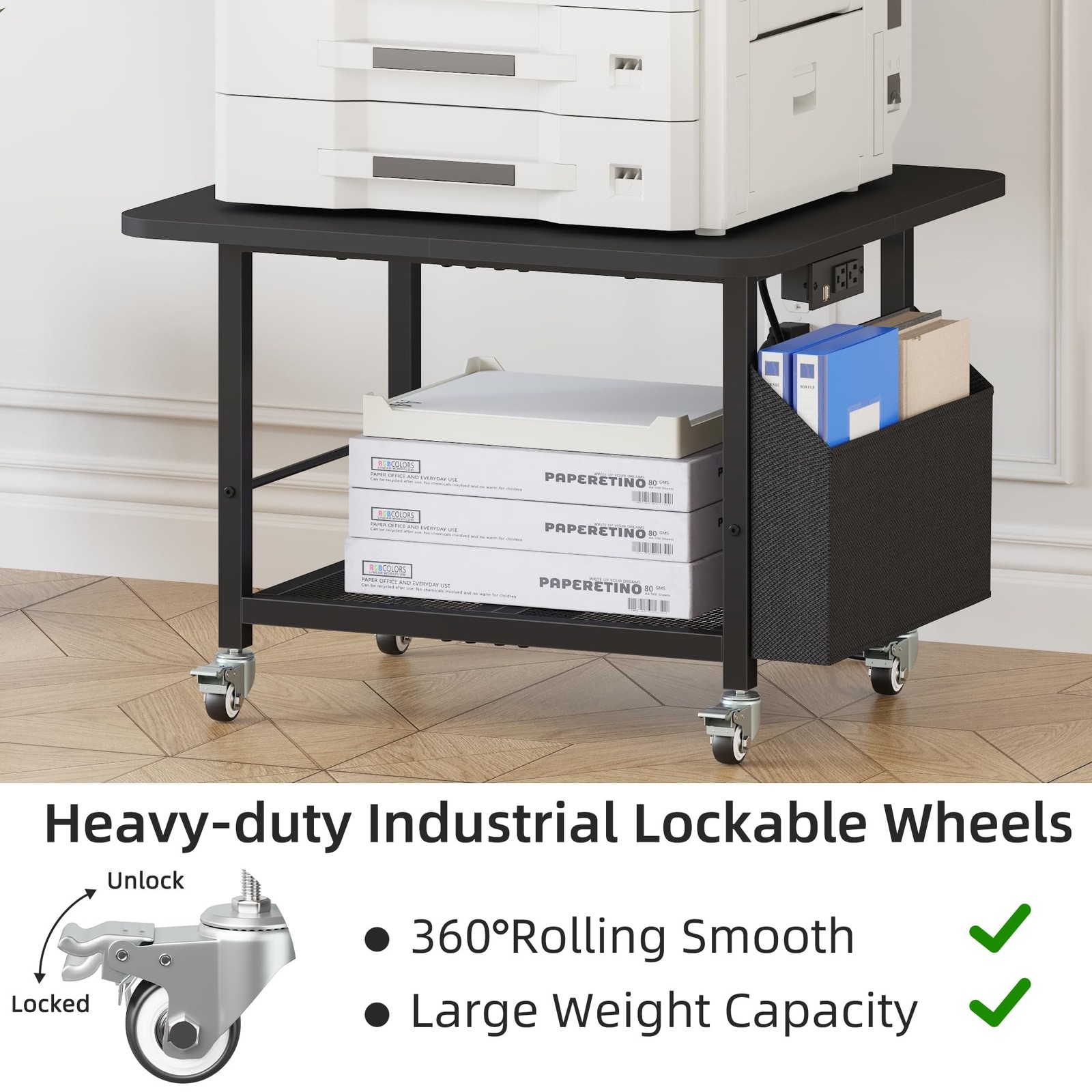 23.6" Large Printer Stand with Power Outlet,3D Printer Table,Black