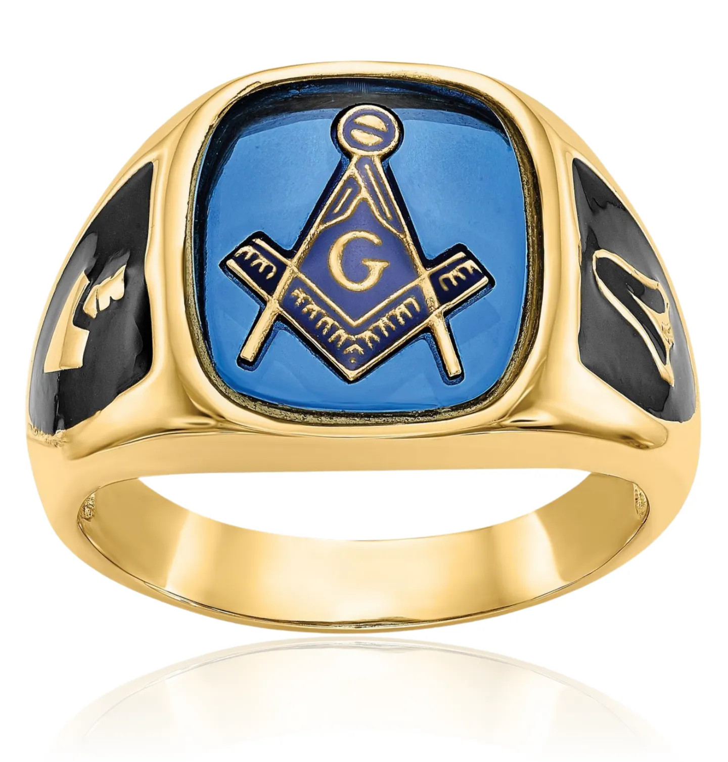 10K Solid Yellow Gold Mens Blue Spinel Masonic Ring