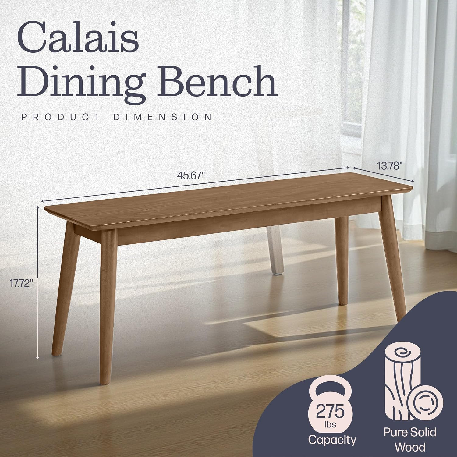 Solid Wood Dining Bench, Warm Pecan, 46” X 14” X 18”