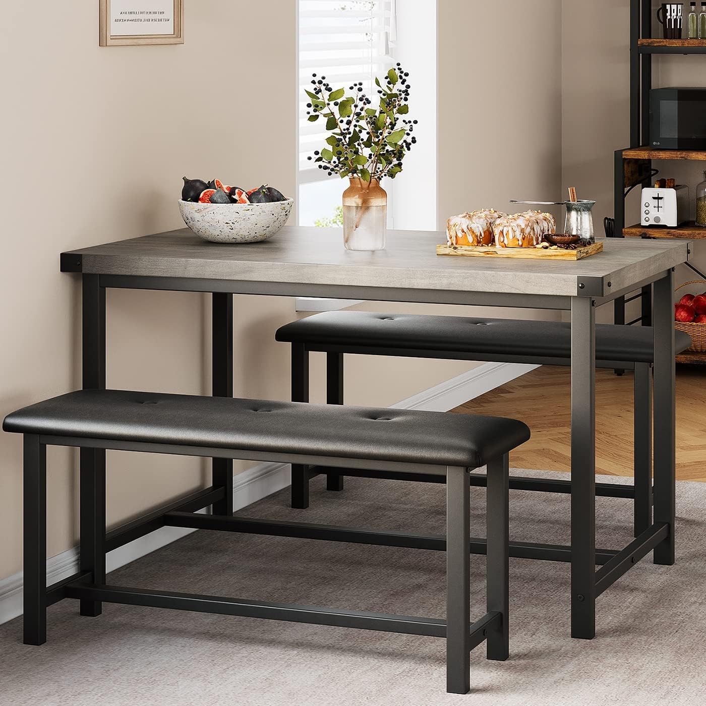 Industrial 3-Piece Dining Table Set, Rectangular Kitchen Table & 2 Benches