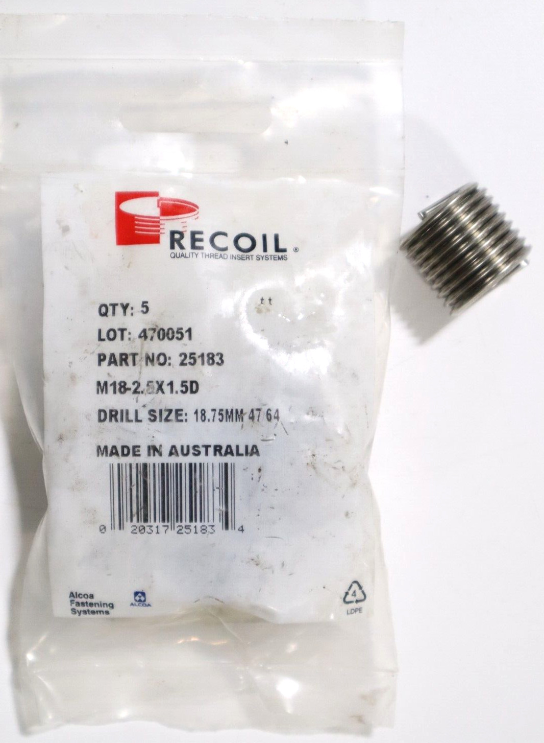 5 pcs, HELI-COIL, M18 x 2.5 x 1.5D  FREE RUNNING INSERT     E342