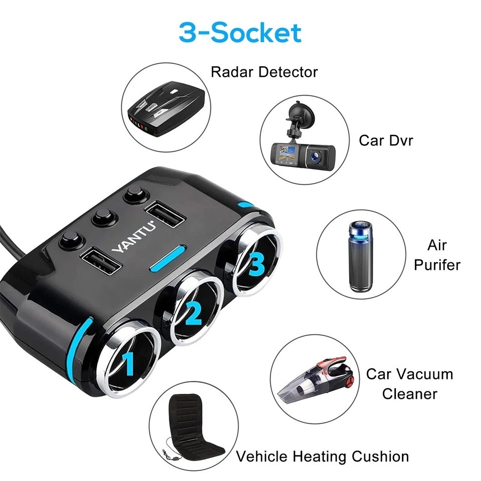 5-in-1 3Way Car Cigarette Lighter Socket Splitter Fast Charger Power Adapter 12V