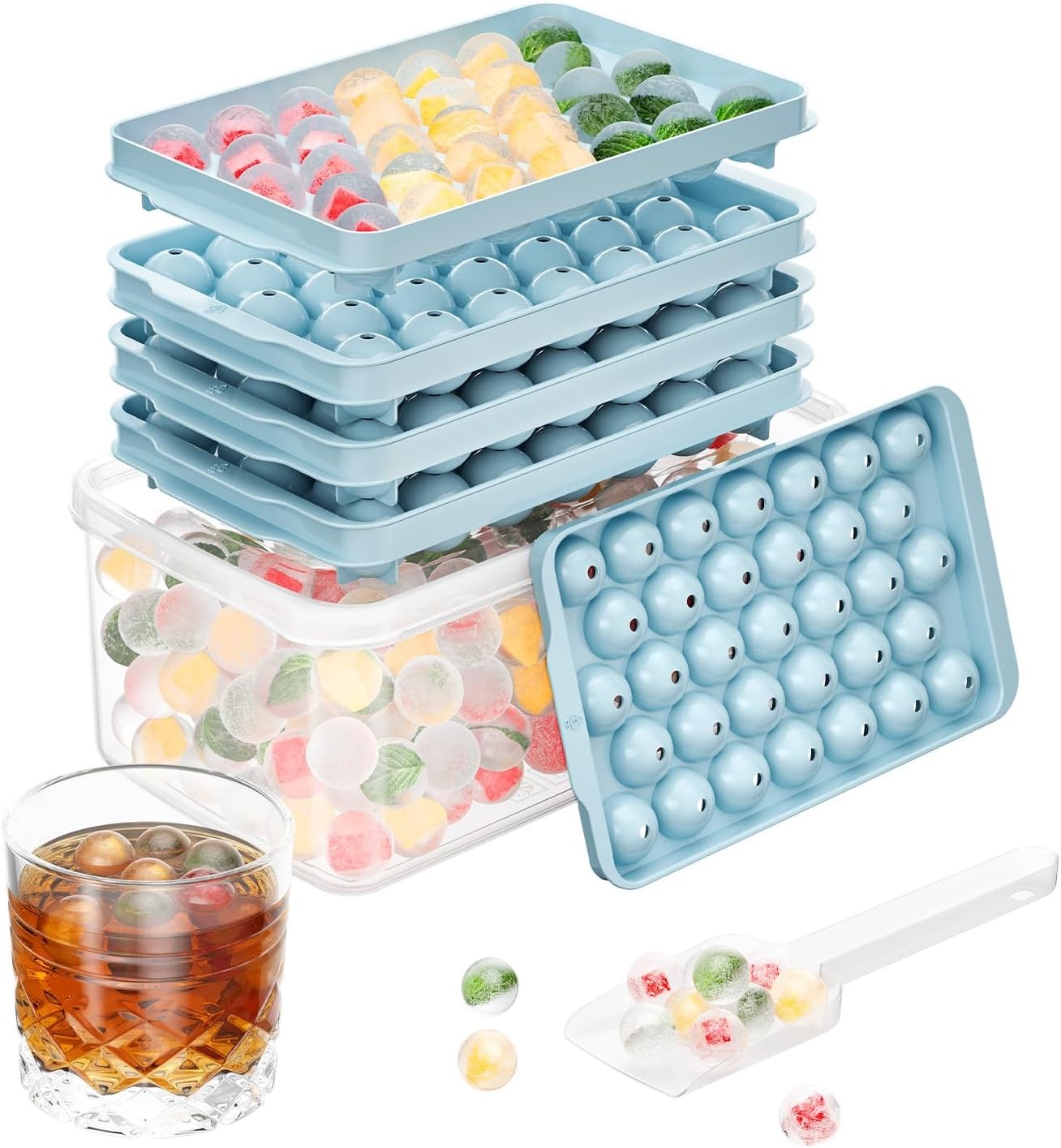 Optish 3 Pack Round Ice Cube Trays with Lid Bin Blue