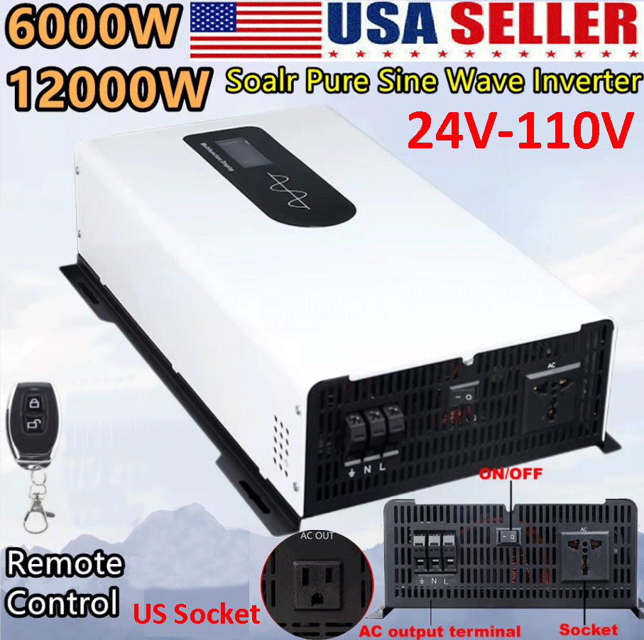 6000W 12000W Pure Sine Wave Inverter Solar Off Grid 24V to 110V 60hz US Socket