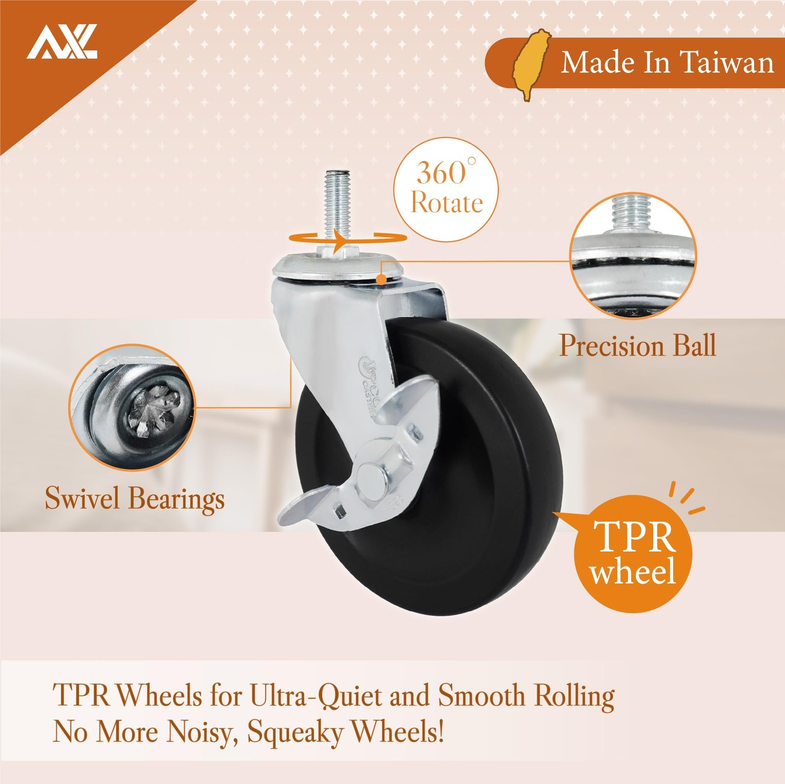 4 Inch Caster Wheels 3/8 Threaded Stem Caster Wheels, Heavy Duty Rubber Indus...