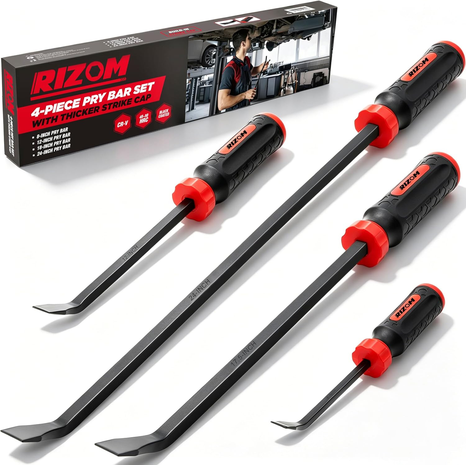 Pry Bar Set, 8", 12", 17.5" and 24" Heavy Duty Pry Bar with Strike Cap Handle, 4