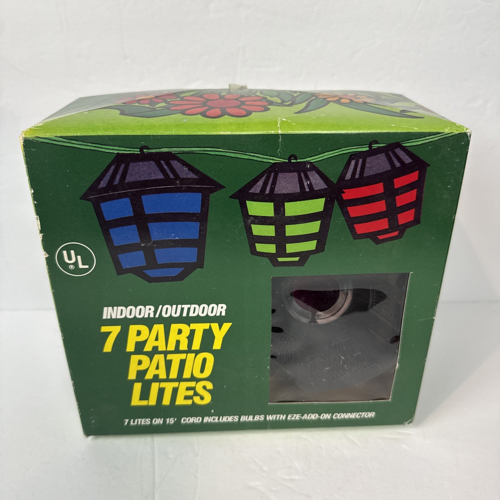 Vintage New Old Stock Indoor Outdoor Party Patio Lites 7 Lights 15’ Cord & Bulbs