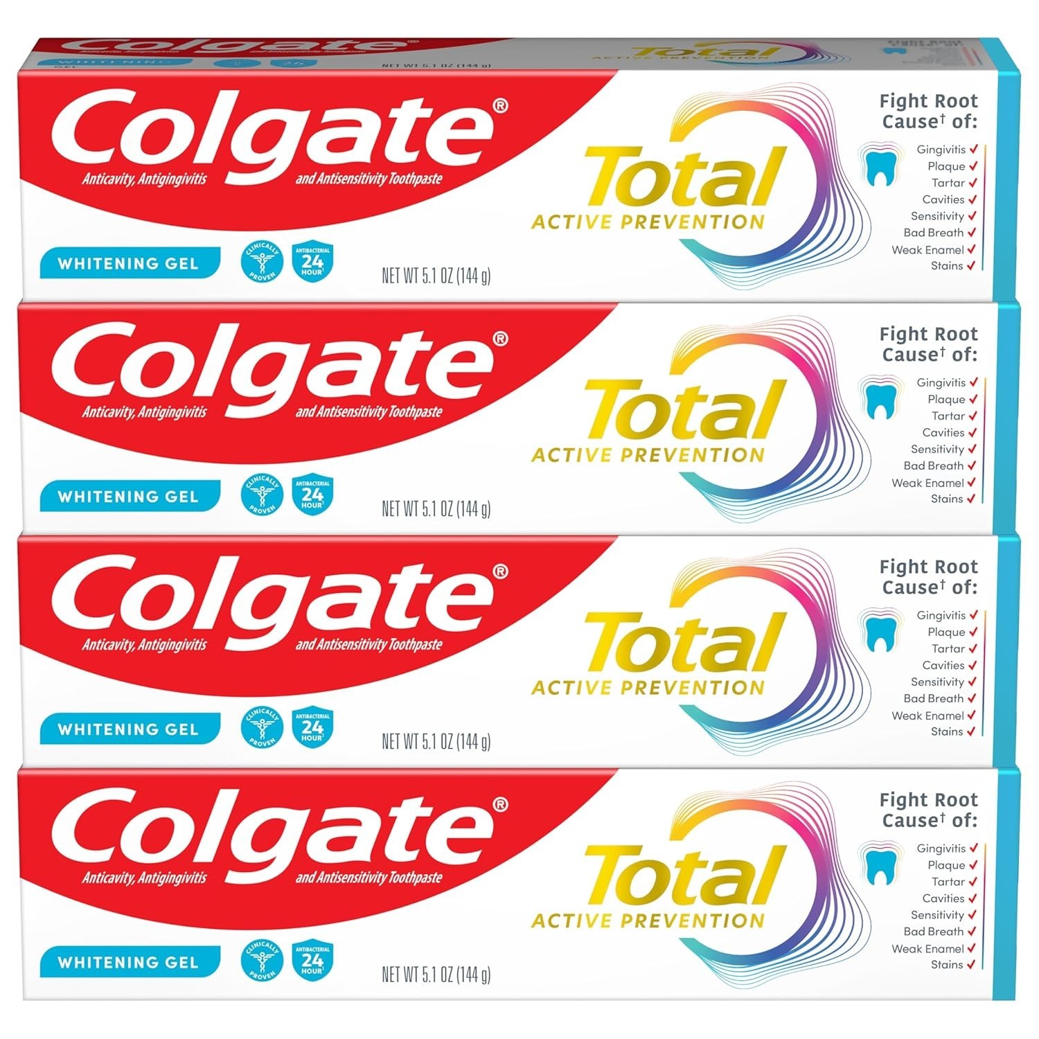 Colgate Total Active Prevention Whitening Gel Toothpaste, Fluoride, Mint, 4 Pack