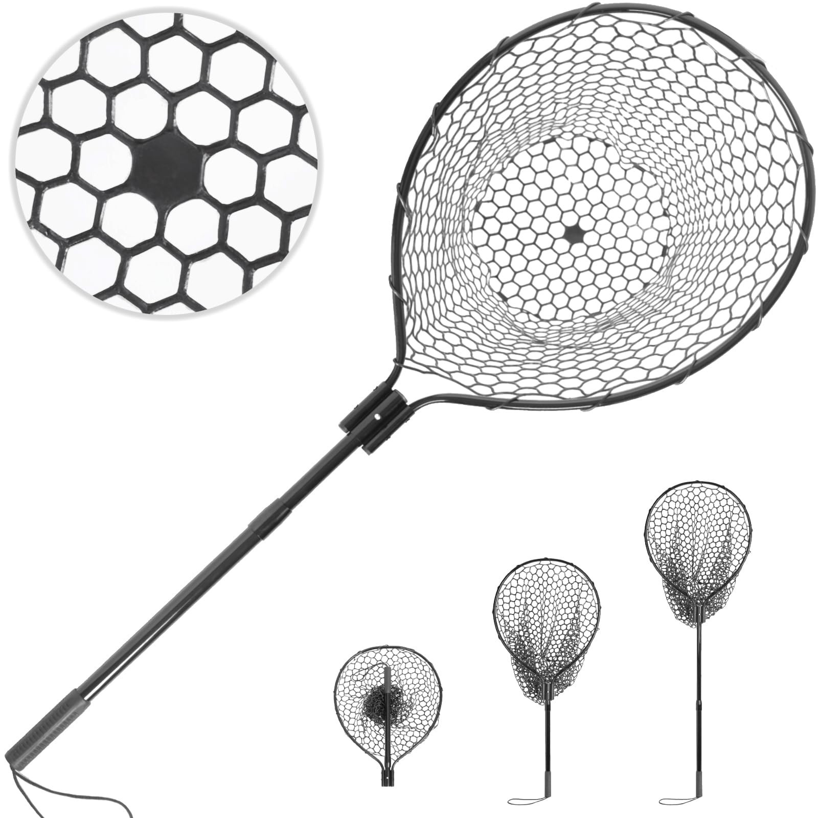 High Strength Large Landing Net - Rubber Fishing Net with Long Telescoping Ha...