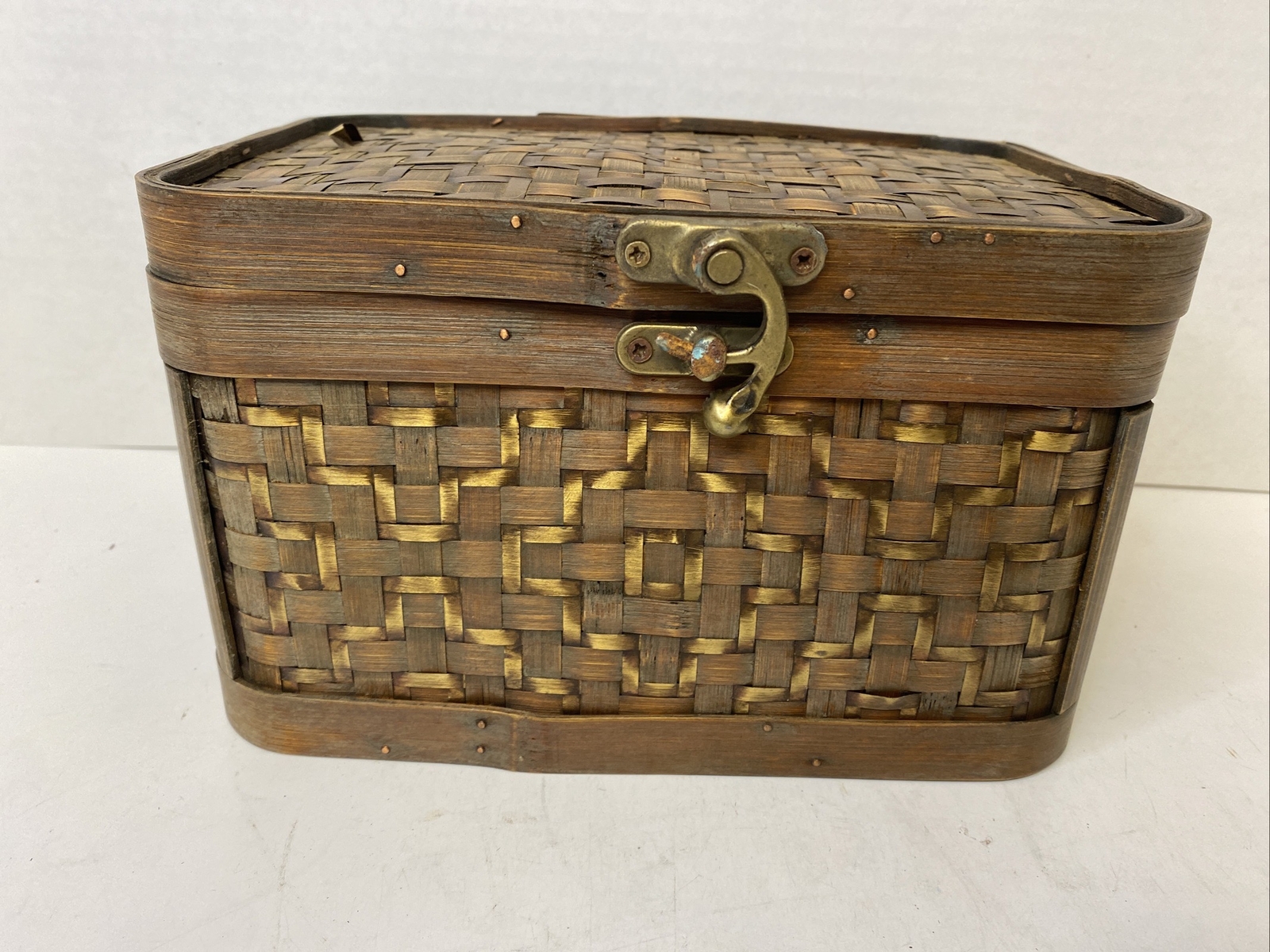 Vintage Wicker Storage Basket Brass Trim