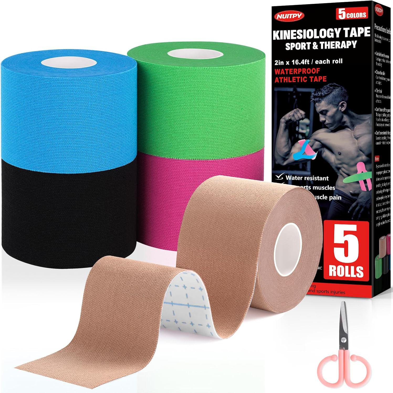 5 Rolls Kinesiology Tape, 5 Colors 2 Inch X 16.4 Feet Waterproof Athletic Tape,