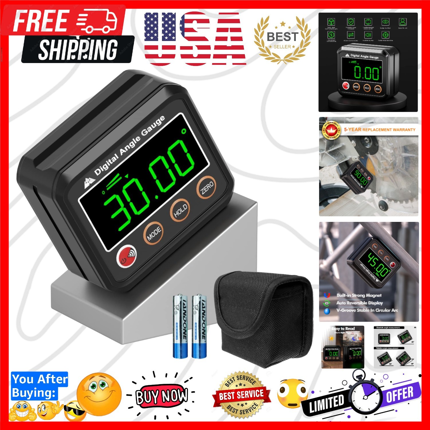 Magnetic Digital Angle Finder Protractor Inclinometer - Mini Digital Level An...