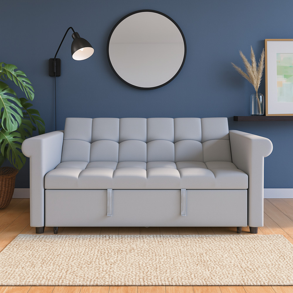 2-Seater Convertible Velvet Loveseat Gray Sofa Bed-Pull-Out,Side Pocket,Compact