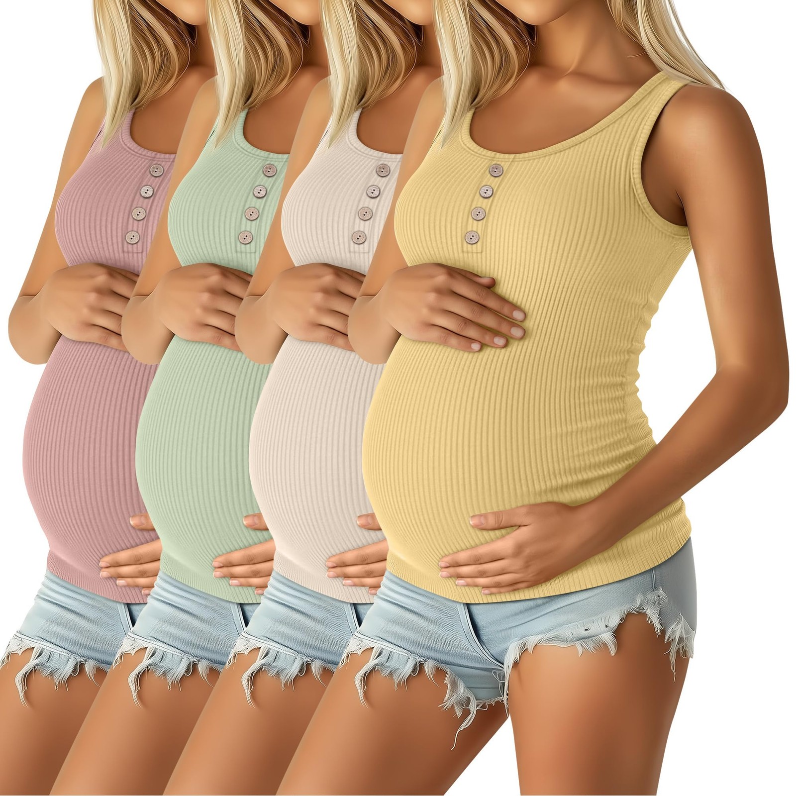 4 Pack Women's Maternity Tank Tops Henley Cotton Scoop Neck Shirt Ribbed Side...