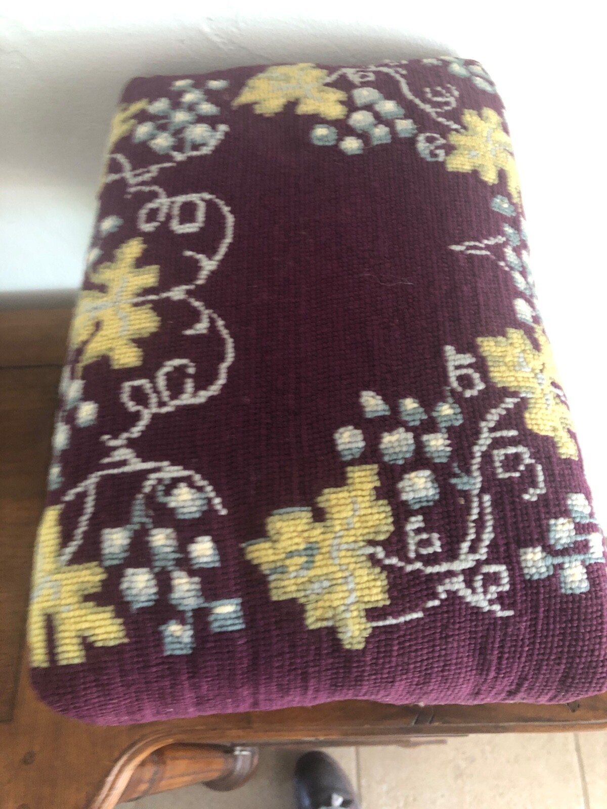 Antique Foot Stool Needlepoint Grapes & Leaf on Plum Background Wool 10" Tall