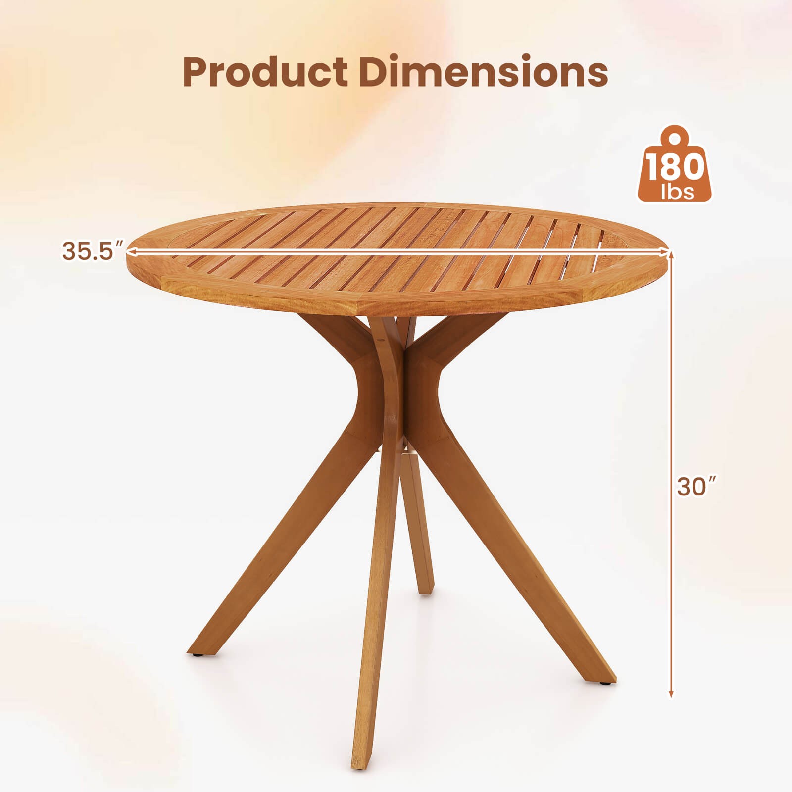 35.5 Inch Patio Wood Dining Table w/ Slatted Tabletop & Curved Legs for Backyard
