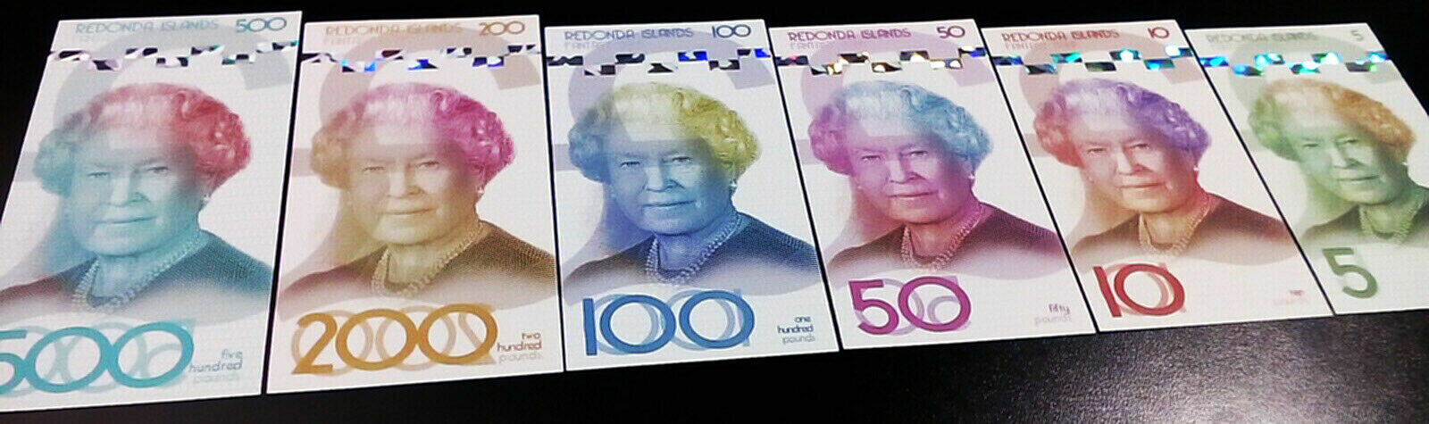 Set Redonda Islands 5-10-50-100-200-500 pounds 2019 Fantasy QEII Polymer F