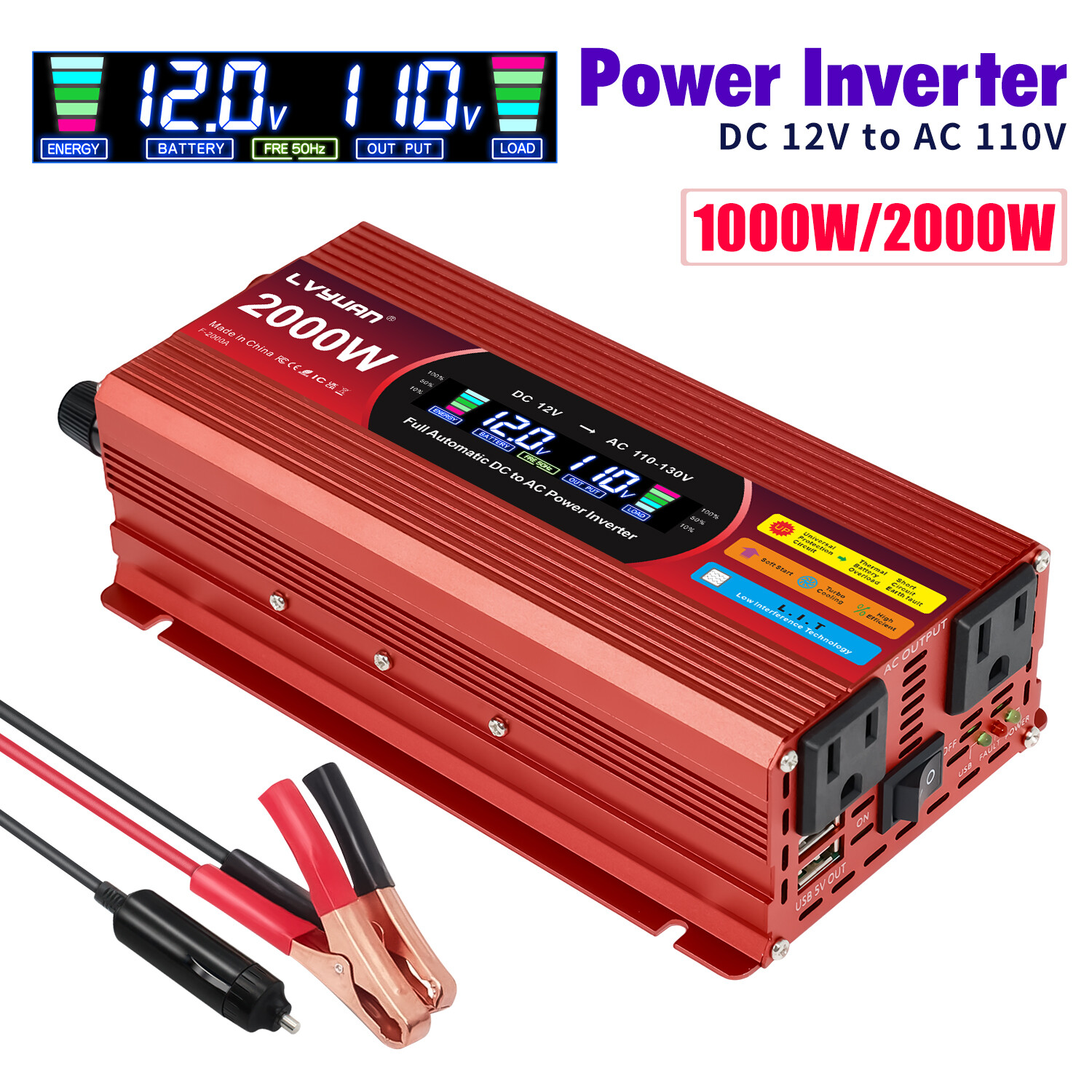1000W 2000W Power Inverter LCD 2USB 2AC 12V to 110V Converter Adapter Off-gird