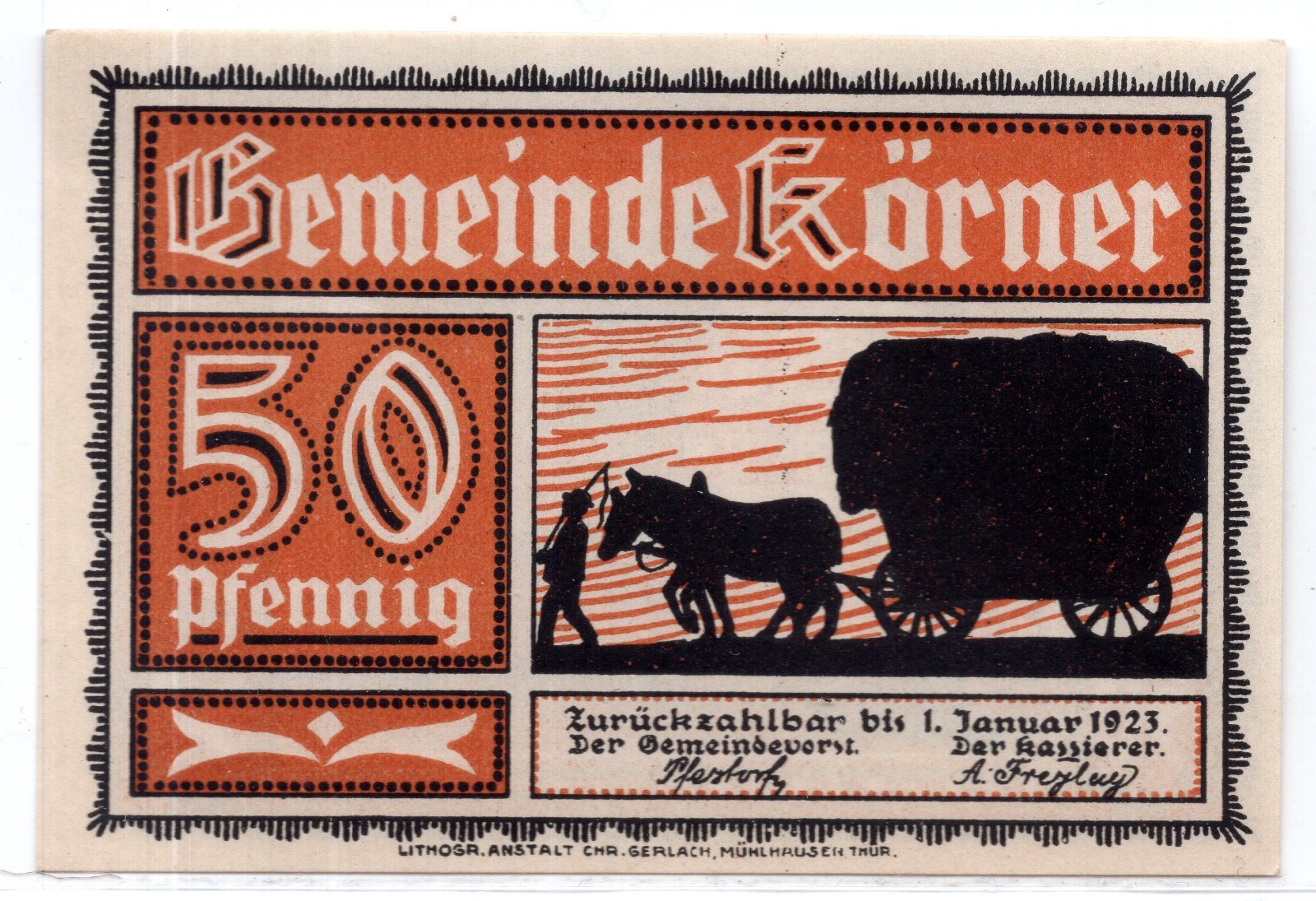 1922 Germany Korner Notgeld 50 Pfennig Note (NG264)