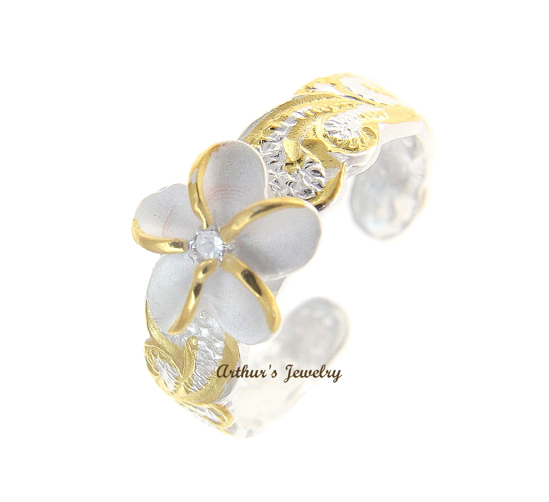 925 STERLING SILVER 2 TONE 8MM HAWAIIAN PLUMERIA FLOWER SCROLL TOE RING CZ