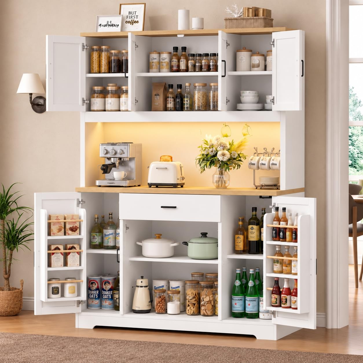 71" Kitchen Pantry Storage Cabinet, 55" Wide Hutch Food Pantry