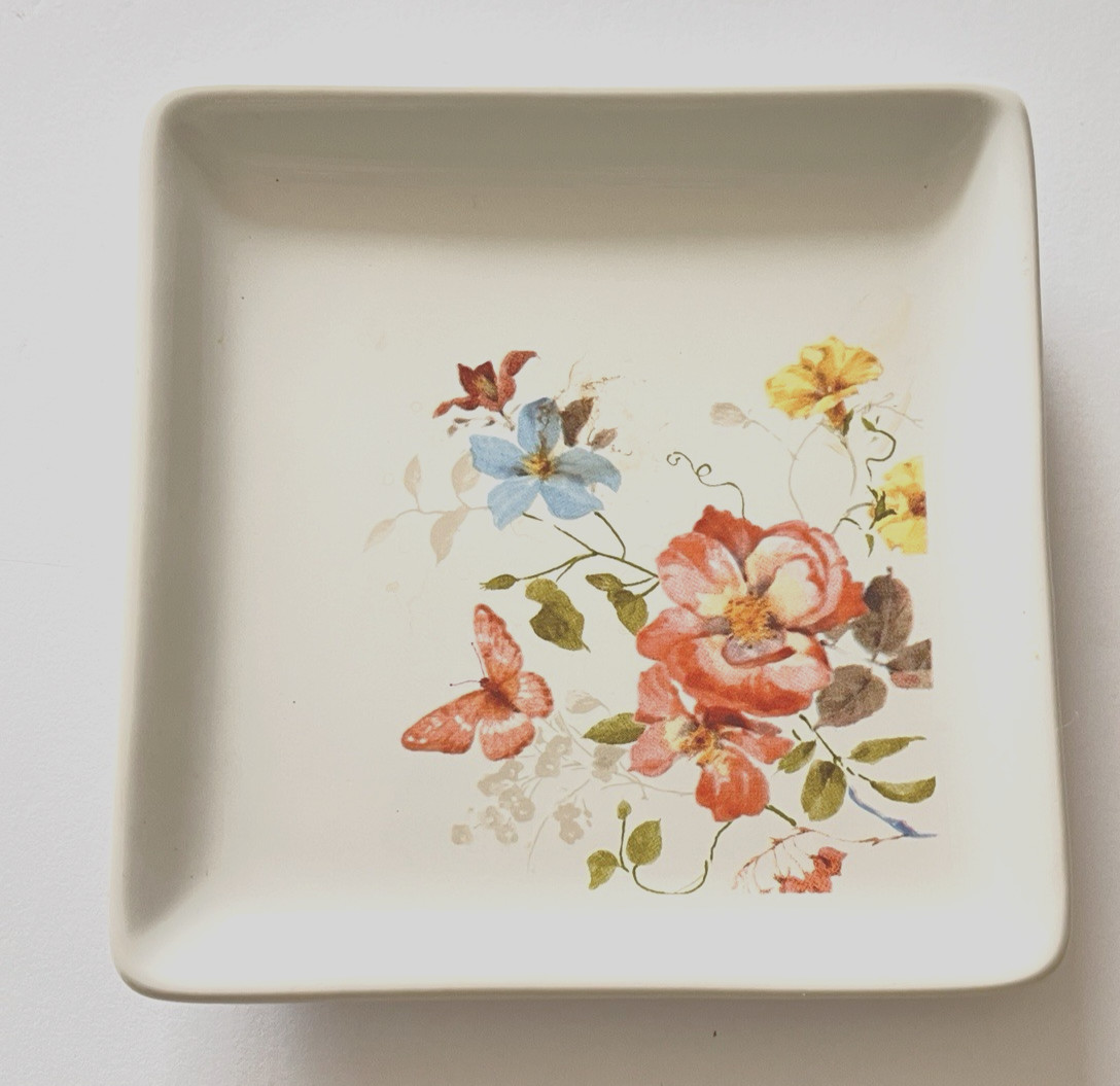 Primitives by Kathy Florals Vanity Trinket Dish Hand Painted 4.25" square