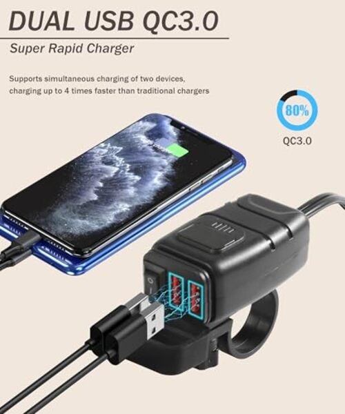 Motorcycle Phone Charger with Voltmeter & ON/OFF Switch - SAE to USB Adapter