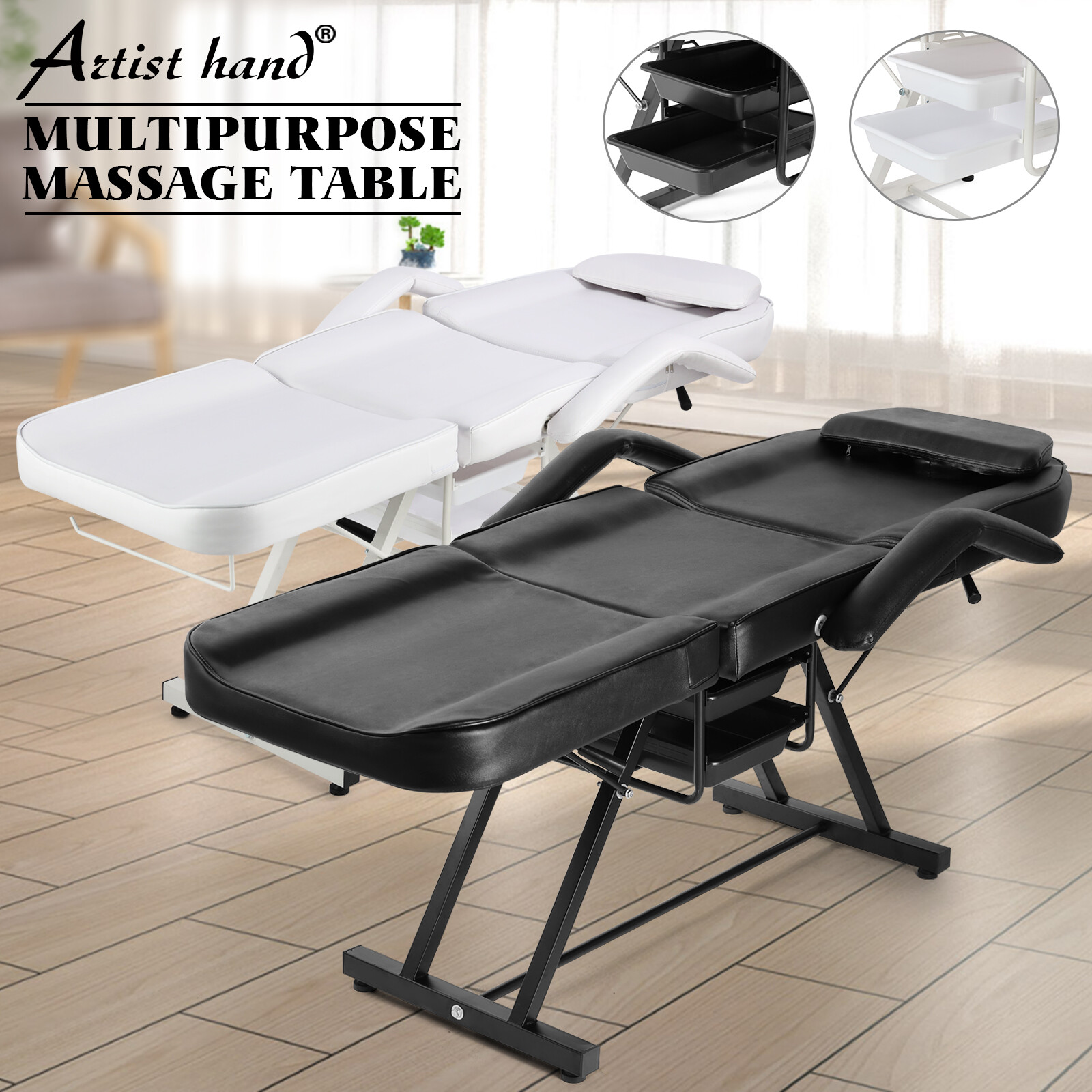 Black/White Massage Table Facial Bed Tattoo Salon Spa Beauty with Storage Box