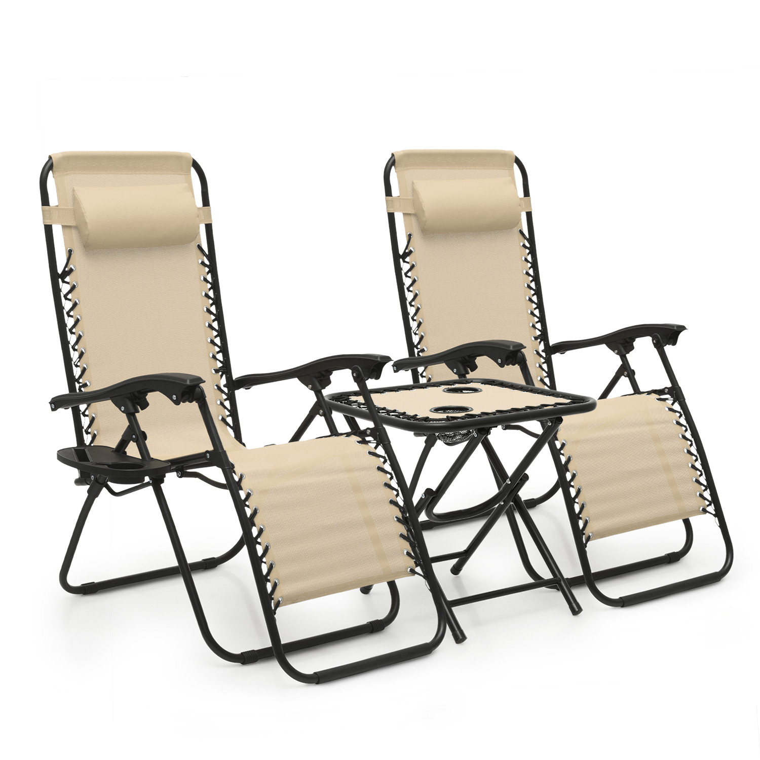 3Pcs[ZERO GRAVITY CHAIR+FOLDING TABLE SET]Patio Reclinable Lounge w/Holding Tray