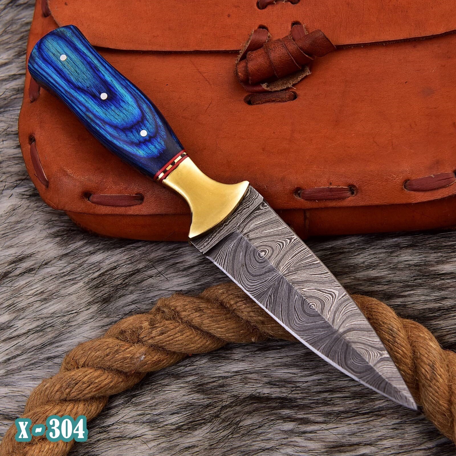 handmade Damascus steel hunting dagger fixed blade boot knife sheath EDC 304x